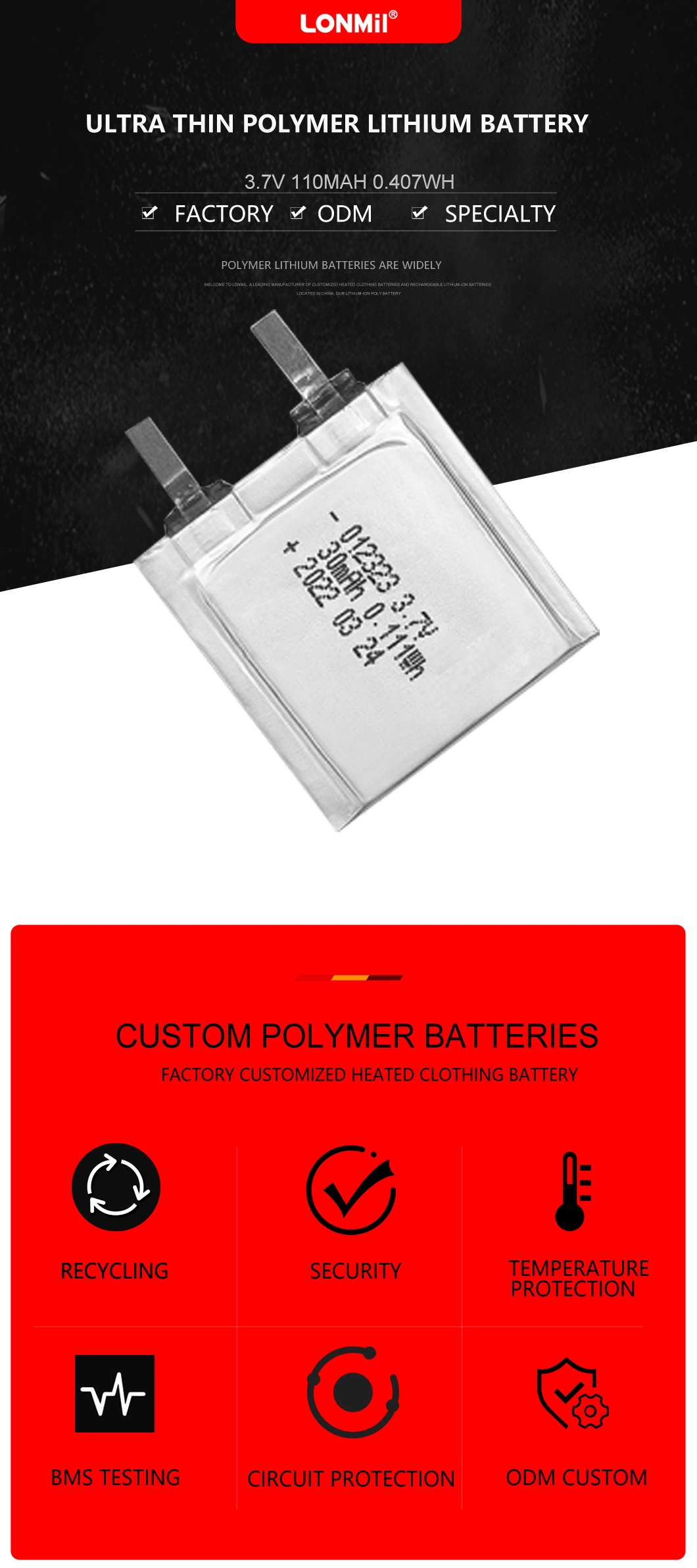 Mini Ultra-Thin Shaped Polymer Li-ion Battery 30mAh 3.7V ODM